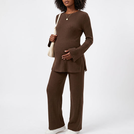 Maternity 2 Piece Lounge Sets, Ribbed Knit Long Sleeve Top and Wide Leg Pants with Pockets, Side Slit Pregnancy Outfits