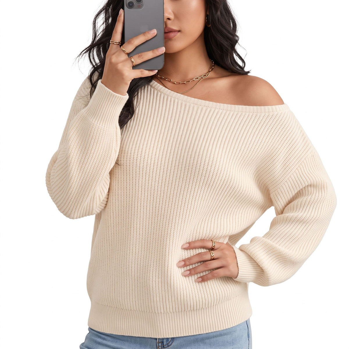 Women's Off The Shoulder Sweaters, Oversized Ribbed Knit Pullover Tops, Long Sleeve Asymmetrical Fall Going Out Clothes