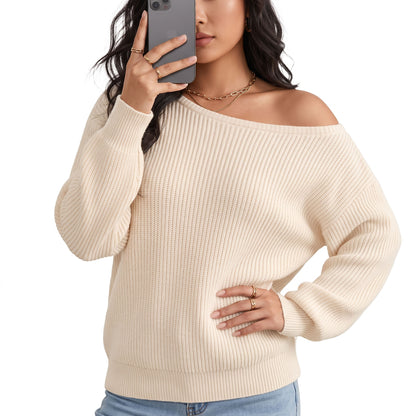Women's Off The Shoulder Sweaters, Oversized Ribbed Knit Pullover Tops, Long Sleeve Asymmetrical Fall Going Out Clothes