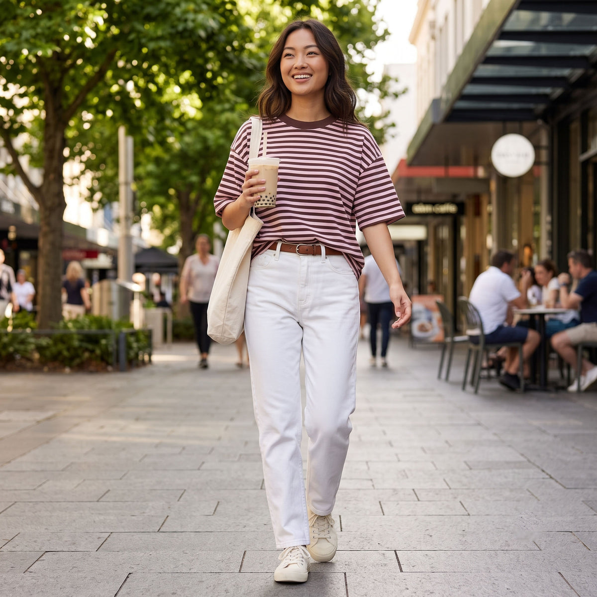 Women's Oversized Striped T-Shirt, Short Sleeve Crewneck Summer Tops, Casual Loose Fit Trendy Contrast Everyday Clothes
