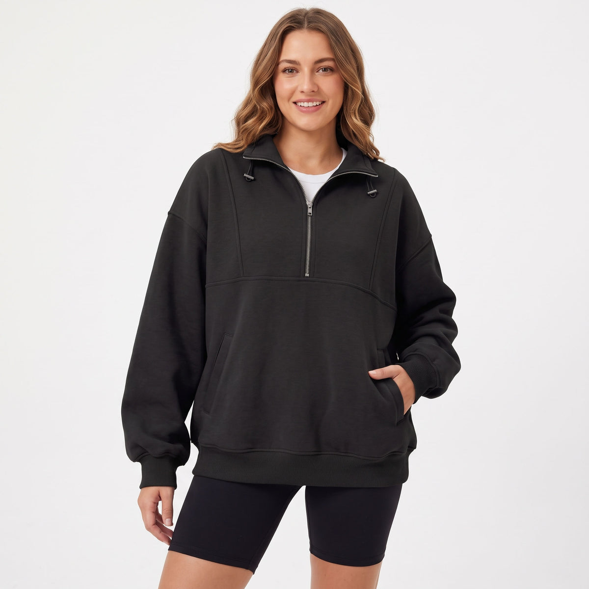 Women's Oversized Quarter Zip Fleece Sweatshirt, Mock Neck Pullover with Front Pockets, Casual Long Sleeve Fall Winter Clothes