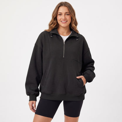 Women's Oversized Quarter Zip Fleece Sweatshirt, Mock Neck Pullover with Front Pockets, Casual Long Sleeve Fall Winter Clothes