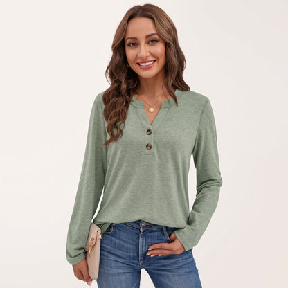 Women's Long Sleeve Henley Tops, V Neck Dressy Casual Fall Shirts, Business Work Blouses, Teacher School Outfits Clothes