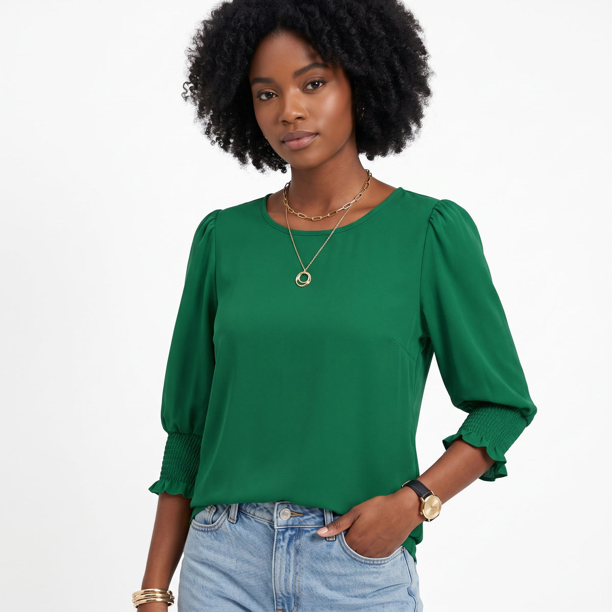 Women's 3/4 Sleeve Blouses, Smocked Cuff Dressy Casual Tops, Crewneck Puff Sleeve Work Office Tunic Shirts