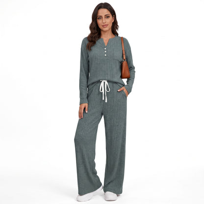 Women's 2 Piece Lounge Sets, Ribbed Knit Henley Top and Wide Leg Pants with Pockets, Comfy Fall Sweatsuit Airport Travel Outfits