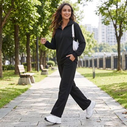 Women's 2 Piece Lounge Sets, Half Zip Sweatshirt and Wide Leg Pants with Pockets, Comfy Fall Sweatsuit Airport Travel Outfits