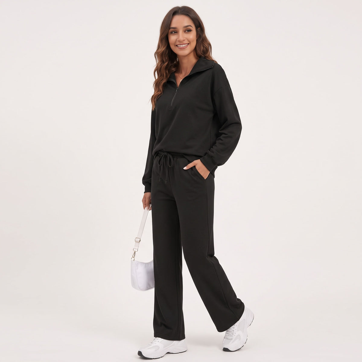 Women's 2 Piece Lounge Sets, Half Zip Sweatshirt and Wide Leg Pants with Pockets, Comfy Fall Sweatsuit Airport Travel Outfits