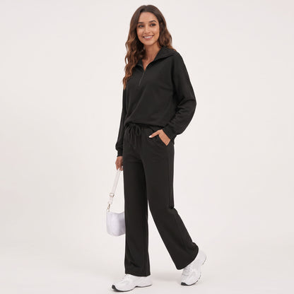 Women's 2 Piece Lounge Sets, Half Zip Sweatshirt and Wide Leg Pants with Pockets, Comfy Fall Sweatsuit Airport Travel Outfits