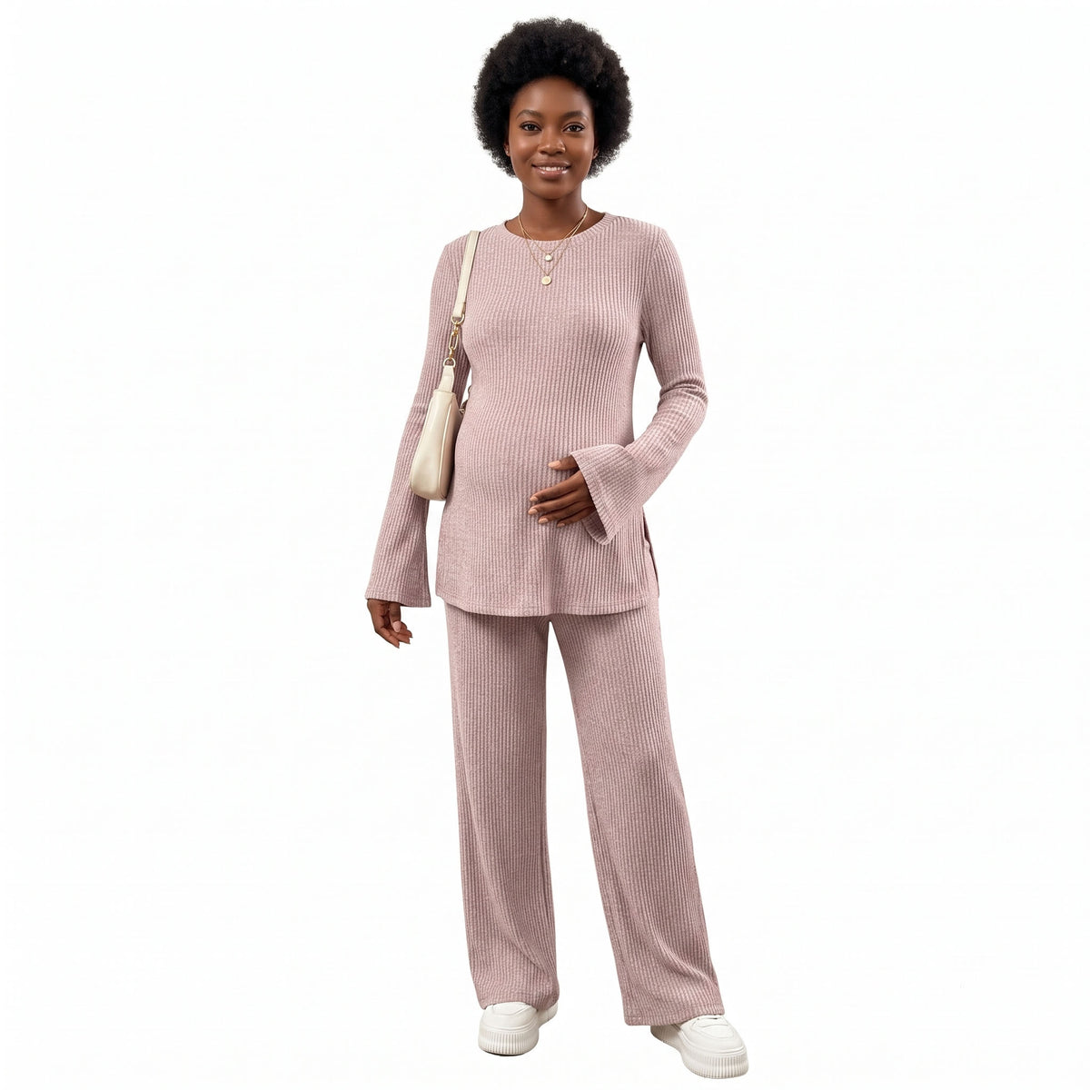 Maternity 2 Piece Lounge Sets, Ribbed Knit Long Sleeve Top and Wide Leg Pants with Pockets, Side Slit Pregnancy Outfits