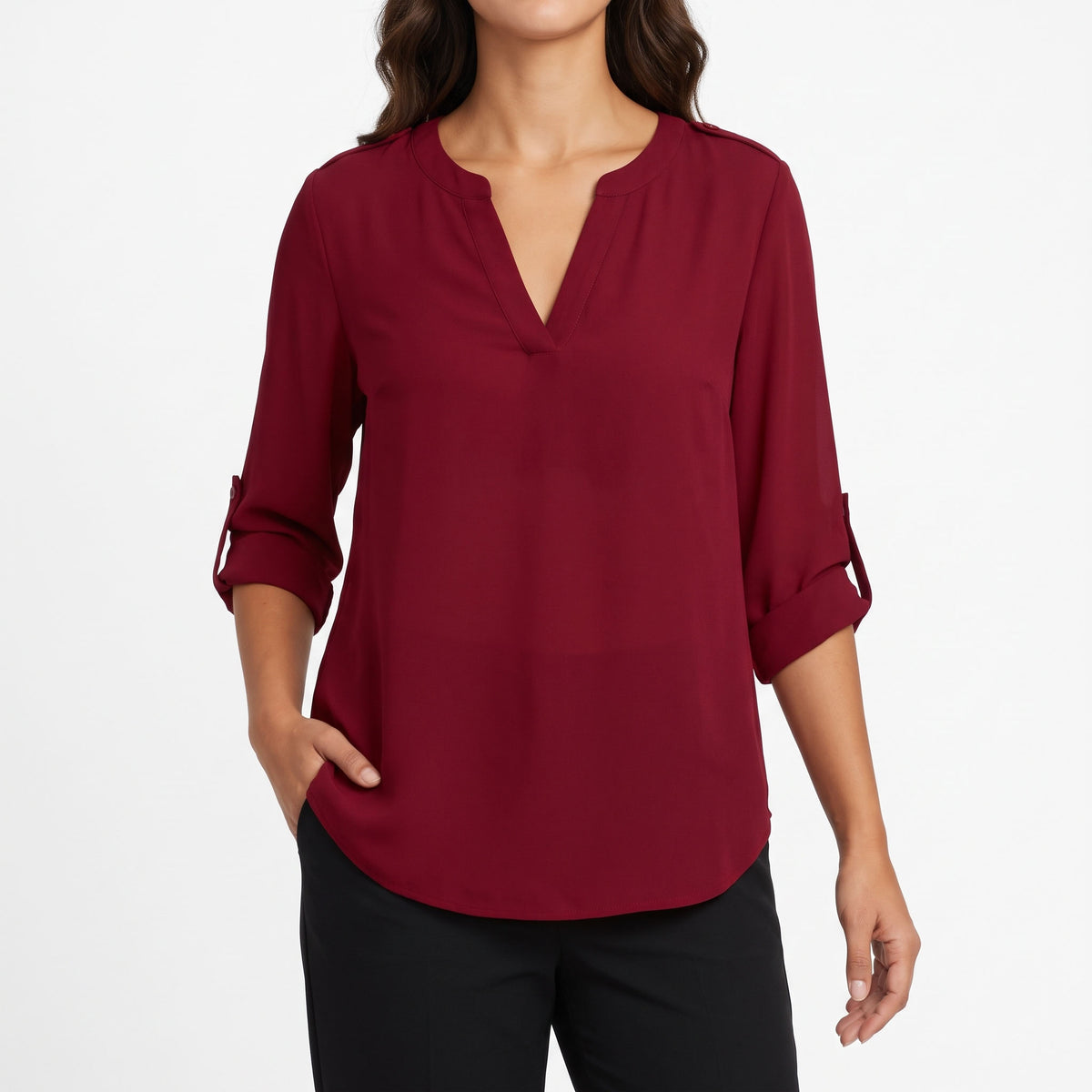 Women's 3/4 Sleeve Tops, V Neck Roll Tab Blouses with Buttons, Business Casual Loose Fit Work Tunic Shirts