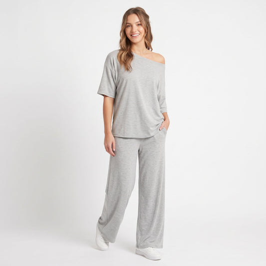 Women's 2 Piece Lounge Sets, Off Shoulder Oversized T-Shirt and Wide Leg Pants, Comfy Matching Airport Travel Outfits