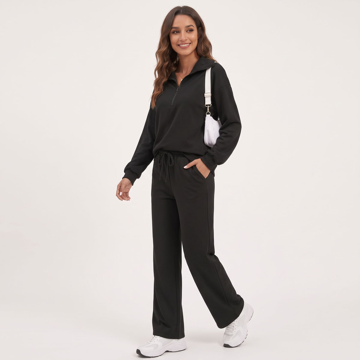 Women's 2 Piece Lounge Sets, Half Zip Sweatshirt and Wide Leg Pants with Pockets, Comfy Fall Sweatsuit Airport Travel Outfits