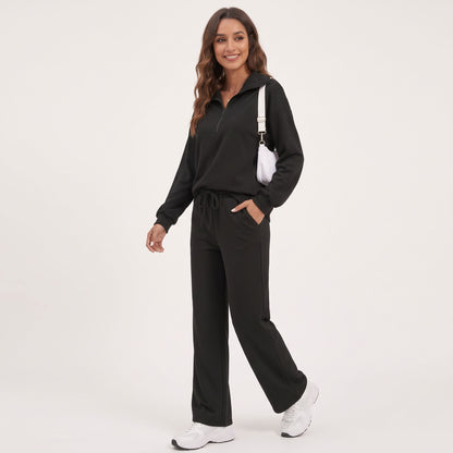Women's 2 Piece Lounge Sets, Half Zip Sweatshirt and Wide Leg Pants with Pockets, Comfy Fall Sweatsuit Airport Travel Outfits