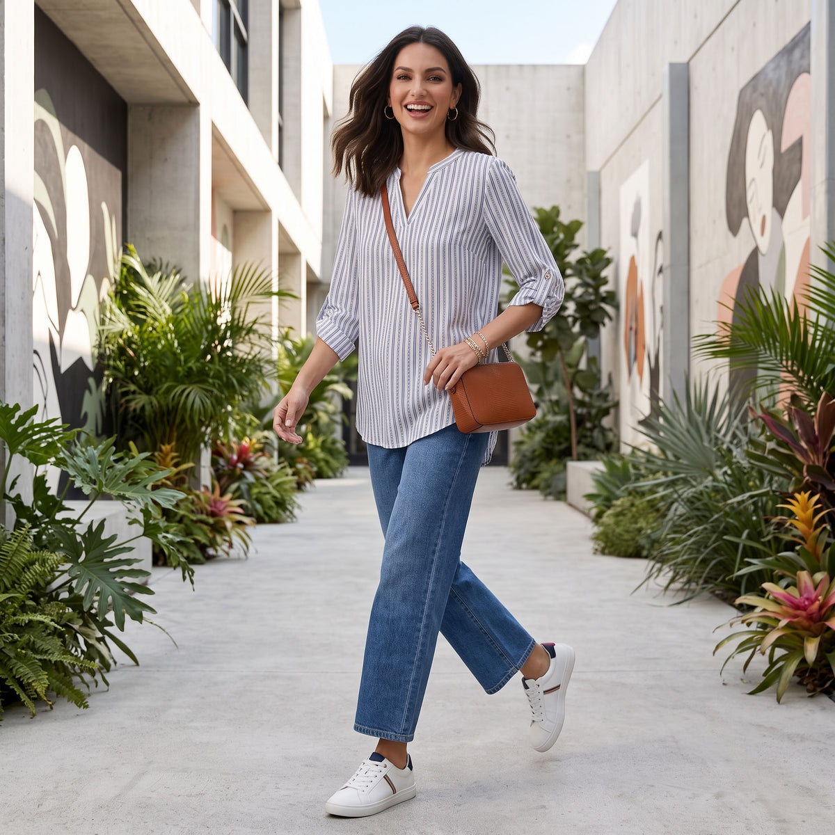 Women's 3/4 Sleeve Tops, V Neck Roll Tab Blouses with Buttons, Business Casual Loose Fit Work Tunic Shirts