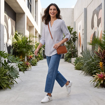 Women's 3/4 Sleeve Tops, V Neck Roll Tab Blouses with Buttons, Business Casual Loose Fit Work Tunic Shirts