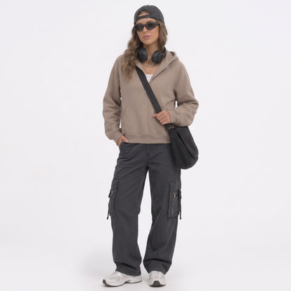 Women's Half Zip Cropped Hoodie, Fleece Lined Quarter Zip Sweatshirt with Pockets, Casual Fall Winter Travel Lounge Outfits