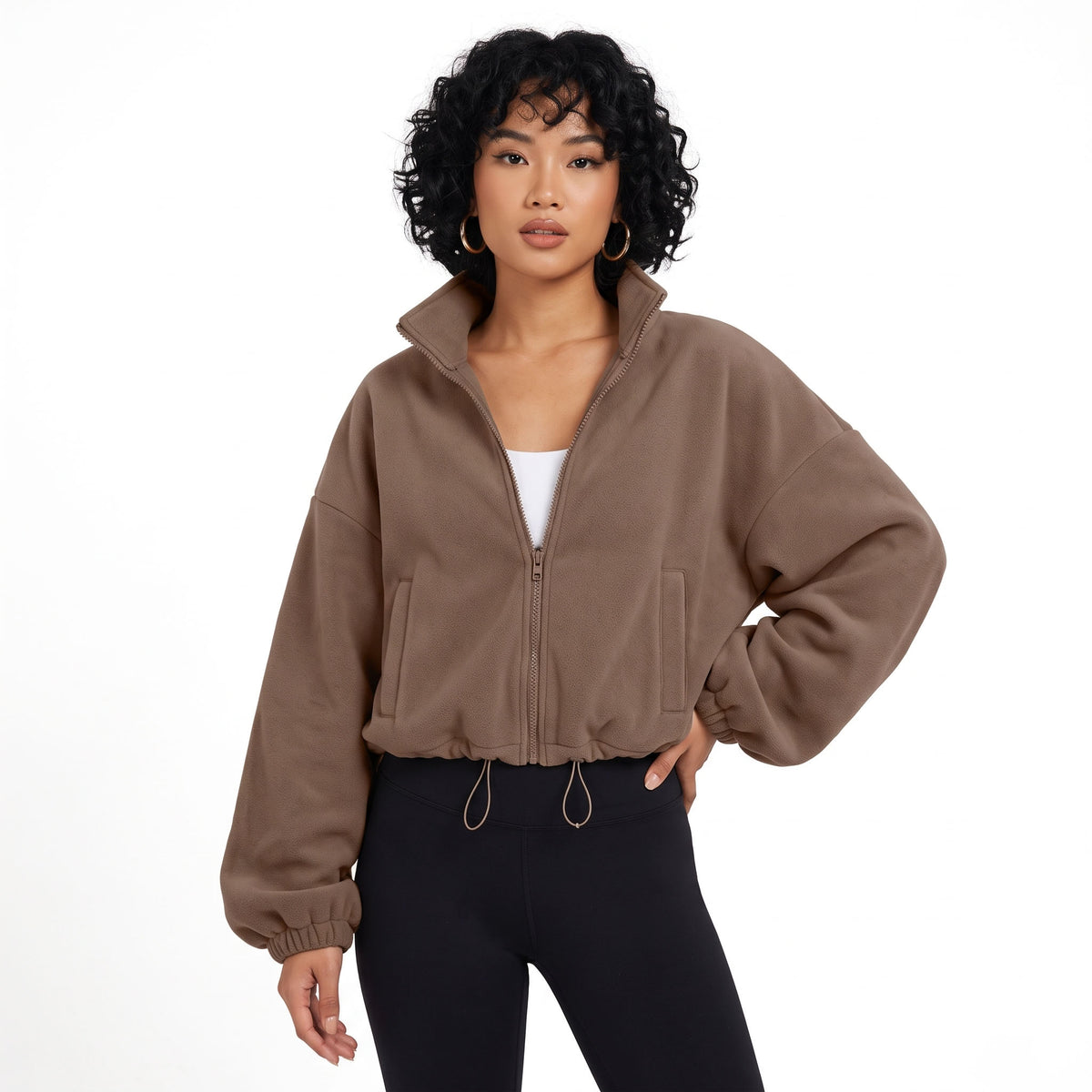 Women's Cropped Fleece Jacket, Full Zip Stand Collar Sweatshirts with Pockets, Drawstring Hem Casual Fall Athletic Outfits