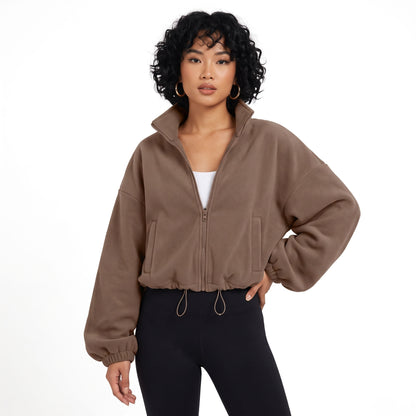 Women's Cropped Fleece Jacket, Full Zip Stand Collar Sweatshirts with Pockets, Drawstring Hem Casual Fall Athletic Outfits