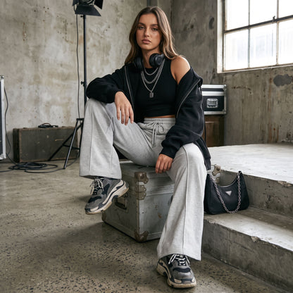 Women's Wide Leg Sweatpants, Baggy High Waisted Cotton Lounge Pants with Pockets, Casual Fall Front Seam Drawstring Trousers