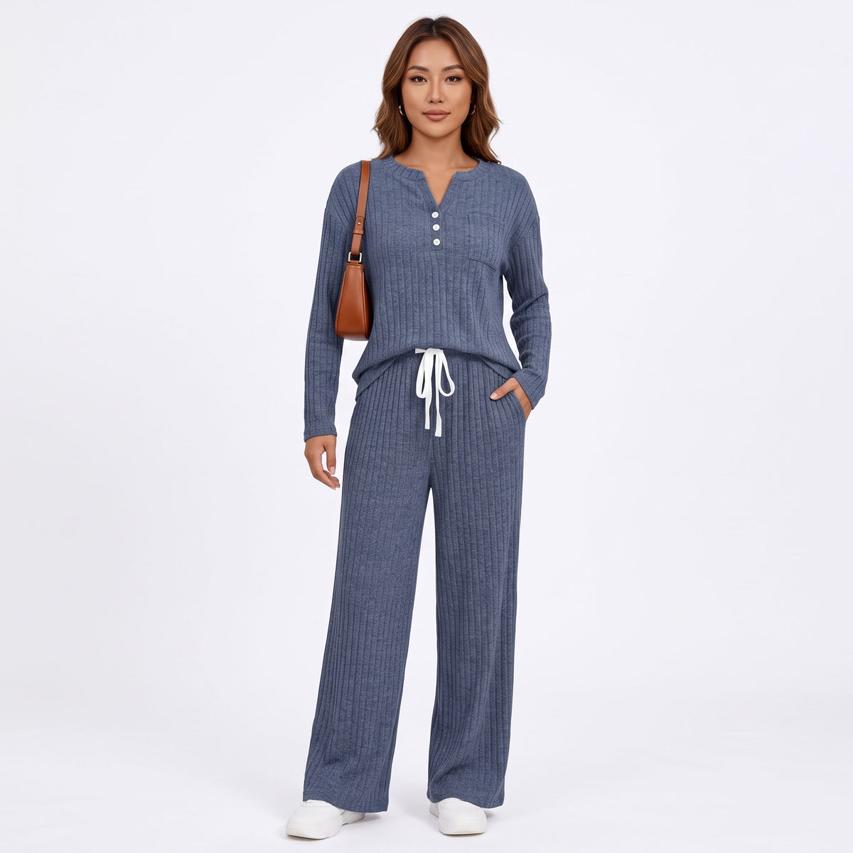 Women's 2 Piece Lounge Sets, Ribbed Knit Henley Top and Wide Leg Pants with Pockets, Comfy Fall Sweatsuit Airport Travel Outfits