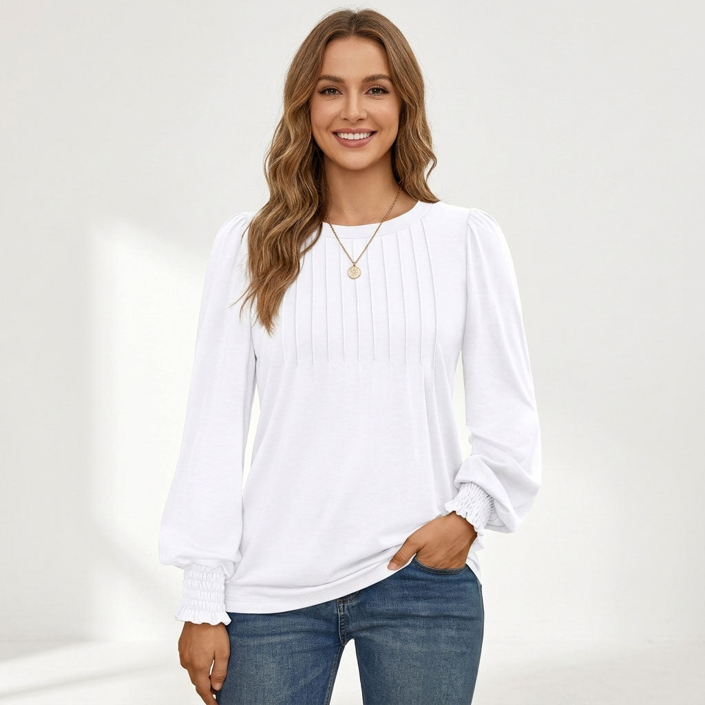 Women's Long Sleeve Shirts, Pleated Front Blouses with Smocked Cuffs, Dressy Casual Business Work Tops, Teacher Outfits