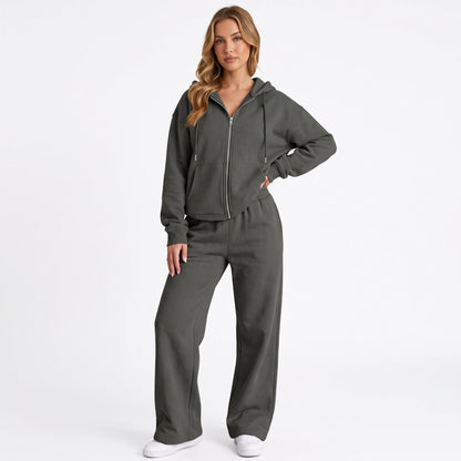 Women's 2 Piece Tracksuit, Cropped Zip Up Hoodie and Wide Leg Sweatpants Set with Pockets, Comfy Fall Airport Travel Sweatsuit