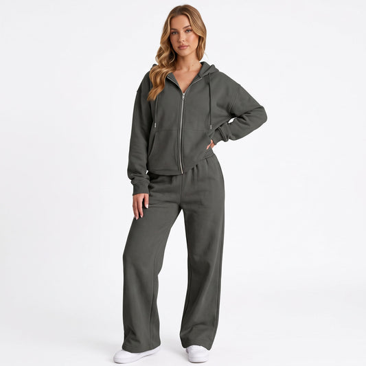 Women's 2 Piece Tracksuit, Cropped Zip Up Hoodie and Wide Leg Sweatpants Set with Pockets, Comfy Fall Airport Travel Sweatsuit