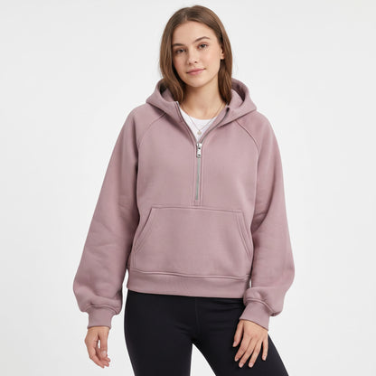 Women's Half Zip Cropped Hoodie, Fleece Lined Quarter Zip Sweatshirt with Pockets, Casual Fall Winter Travel Lounge Outfits