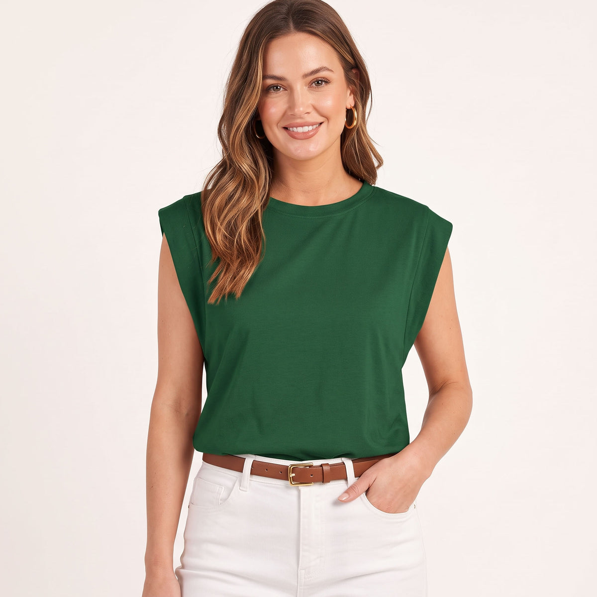 Women's Cap Sleeve Tops, Casual Crewneck Summer T-Shirts, Loose Fit Sleeveless Muscle Tank Business Casual Clothes
