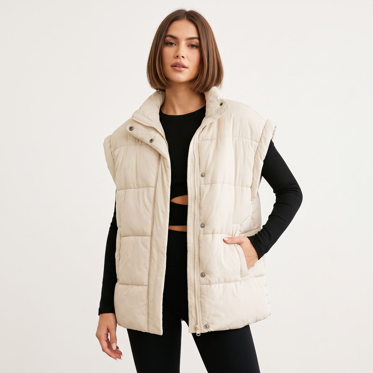 Women's Oversized Puffer Vest, Stand Collar Full Zip Sleeveless Quilted Bubble Jacket with Pockets, Casual Winter Outerwear