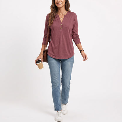 Women's Long Sleeve Henley Tops, V Neck Dressy Casual Fall Shirts, Business Work Blouses, Teacher School Outfits Clothes