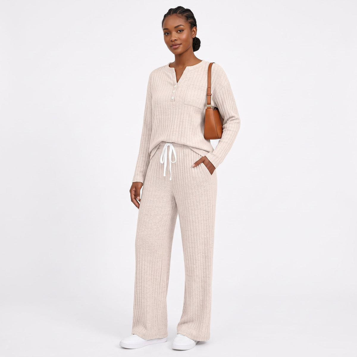 Women's 2 Piece Lounge Sets, Ribbed Knit Henley Top and Wide Leg Pants with Pockets, Comfy Fall Sweatsuit Airport Travel Outfits