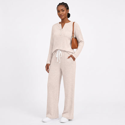 Women's 2 Piece Lounge Sets, Ribbed Knit Henley Top and Wide Leg Pants with Pockets, Comfy Fall Sweatsuit Airport Travel Outfits