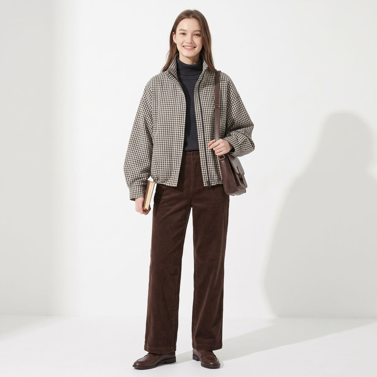 Women's Plaid Bomber Jacket, Stand Collar Full Zip Checkered Coat with Pockets, Casual Oversized Fall Spring Outerwear