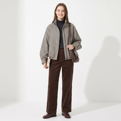 Women's Plaid Bomber Jacket, Stand Collar Full Zip Checkered Coat with Pockets, Casual Oversized Fall Spring Outerwear