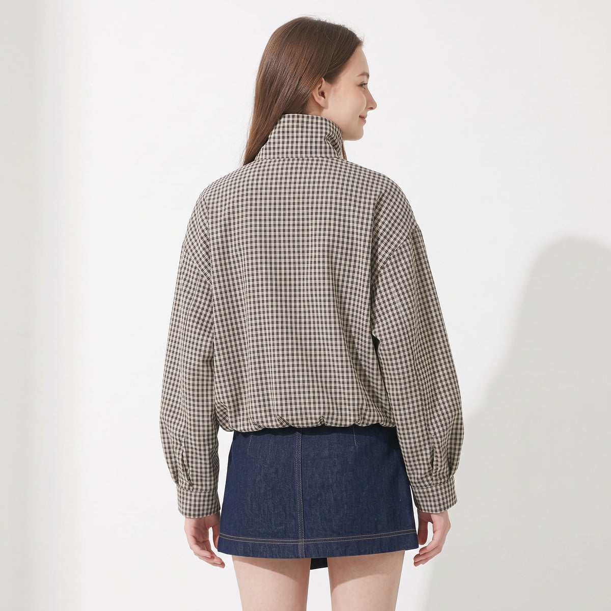 Women's Plaid Bomber Jacket, Stand Collar Full Zip Checkered Coat with Pockets, Casual Oversized Fall Spring Outerwear
