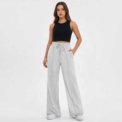 Women's Wide Leg Sweatpants, Baggy High Waisted Cotton Lounge Pants with Pockets, Casual Fall Front Seam Drawstring Trousers