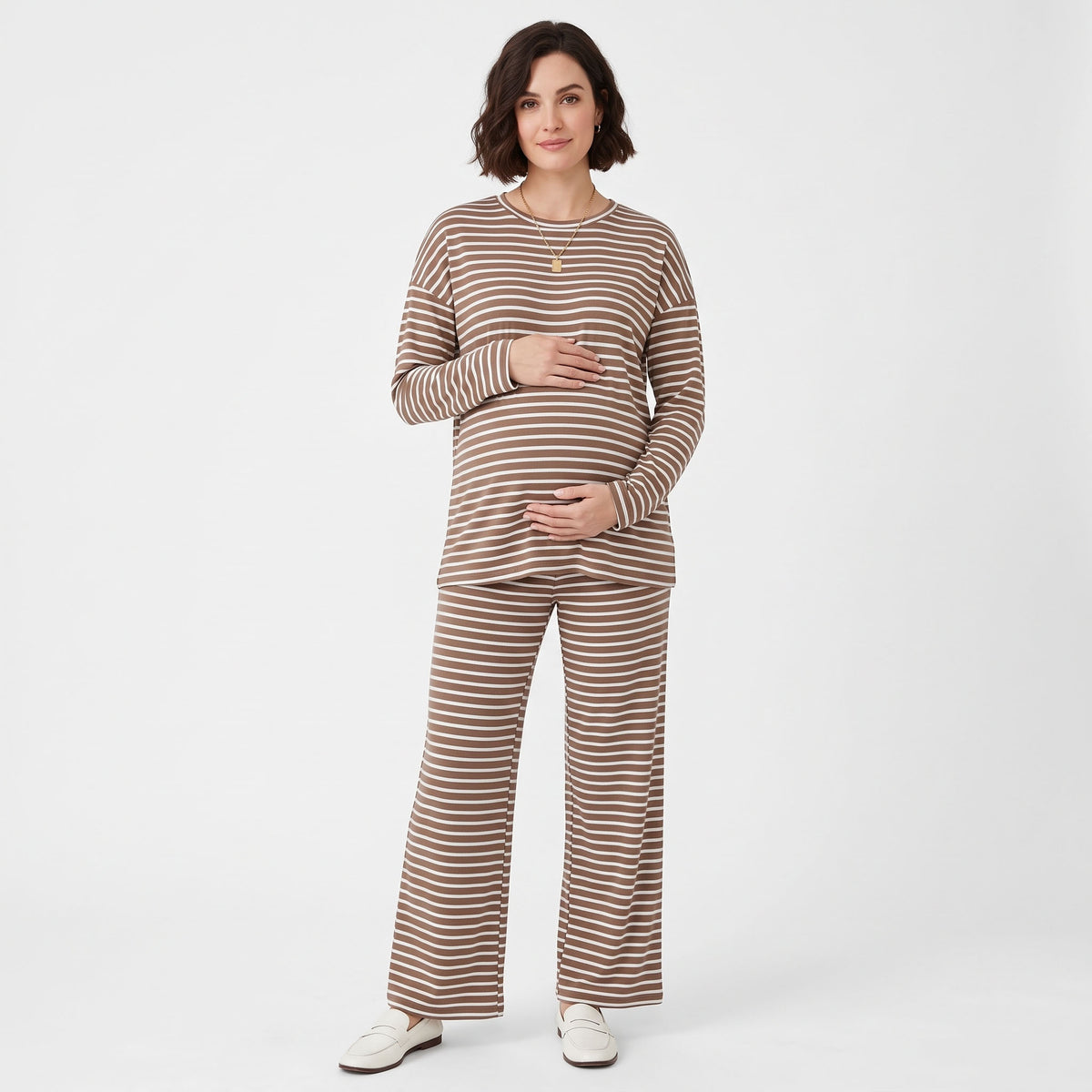 Maternity 2 Piece Outfits, Striped Long Sleeve Tops and Wide Leg Pants with Pockets, Comfy Pregnancy Lounge Sets Postpartum Clothes
