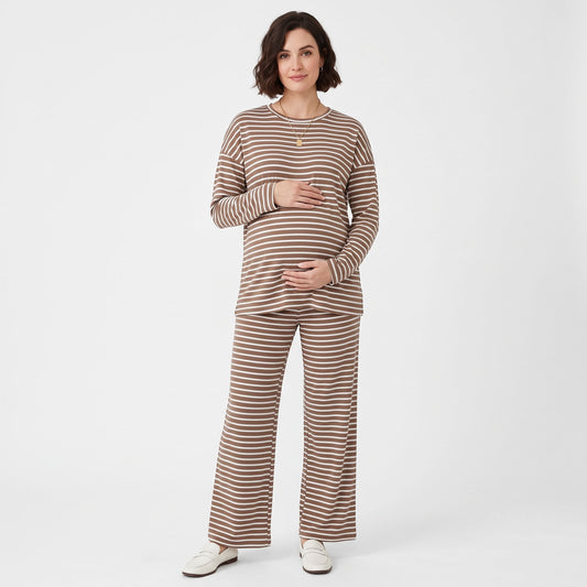 Maternity 2 Piece Outfits, Striped Long Sleeve Tops and Wide Leg Pants with Pockets, Comfy Pregnancy Lounge Sets Postpartum Clothes