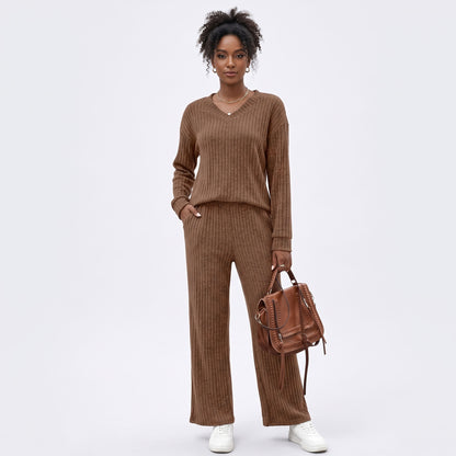 Women's 2 Piece Lounge Sets, V Neck Ribbed Knit Sweater and Wide Leg Pants with Pockets, Quiet Luxury Fall Travel Outfits