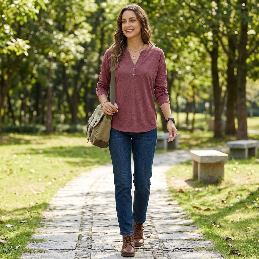 Women's Long Sleeve Henley Tops, V Neck Dressy Casual Fall Shirts, Business Work Blouses, Teacher School Outfits Clothes