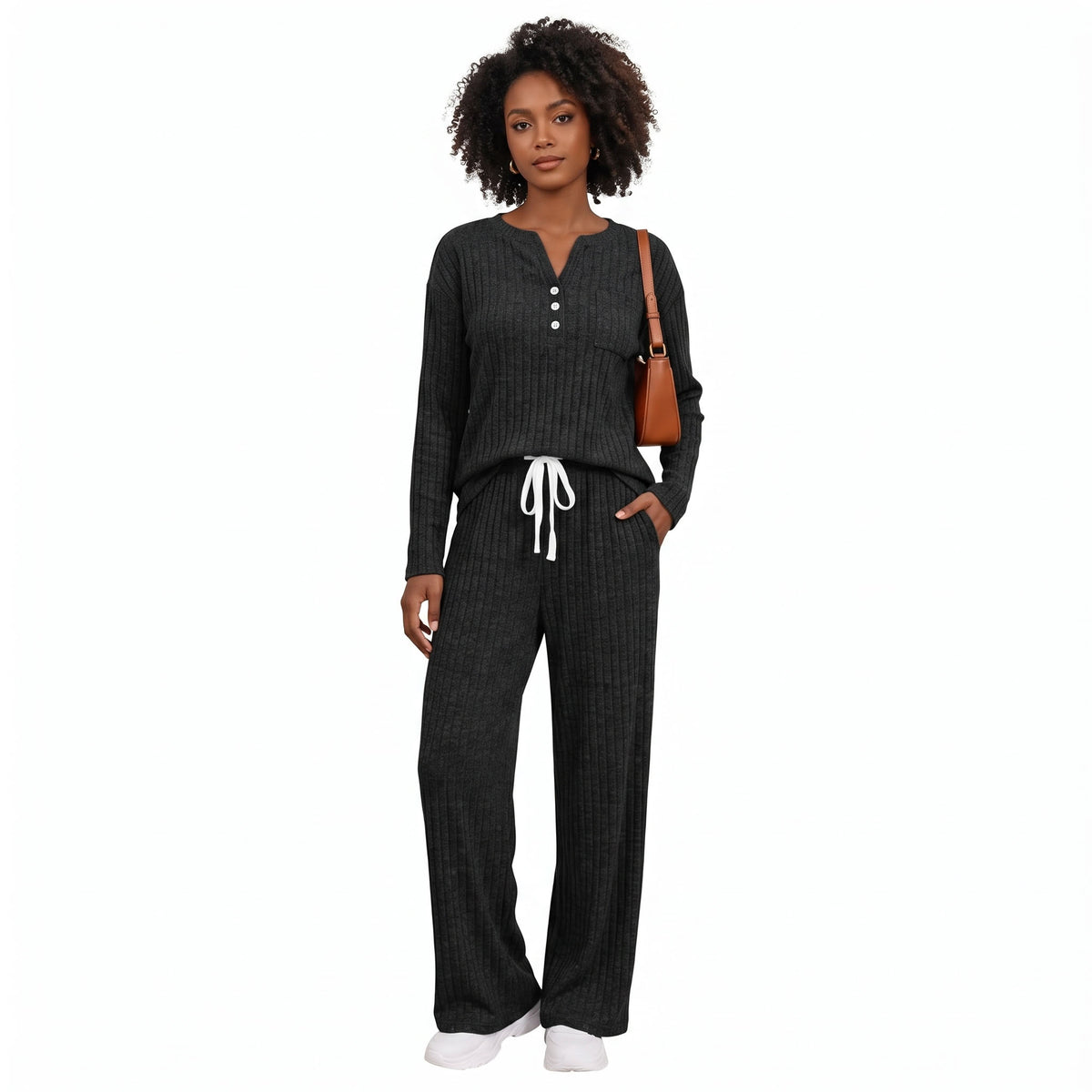 Women's 2 Piece Lounge Sets, Ribbed Knit Henley Top and Wide Leg Pants with Pockets, Comfy Fall Sweatsuit Airport Travel Outfits