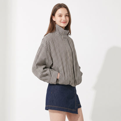 Women's Plaid Bomber Jacket, Stand Collar Full Zip Checkered Coat with Pockets, Casual Oversized Fall Spring Outerwear