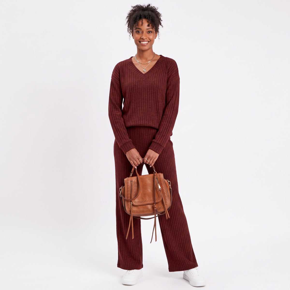 Women's 2 Piece Lounge Sets, V Neck Ribbed Knit Sweater and Wide Leg Pants with Pockets, Quiet Luxury Fall Travel Outfits