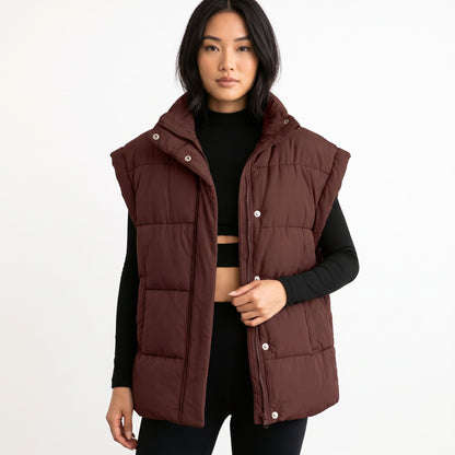 Women's Oversized Puffer Vest, Stand Collar Full Zip Sleeveless Quilted Bubble Jacket with Pockets, Casual Winter Outerwear