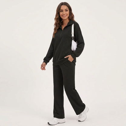 Women's 2 Piece Lounge Sets, Half Zip Sweatshirt and Wide Leg Pants with Pockets, Comfy Fall Sweatsuit Airport Travel Outfits