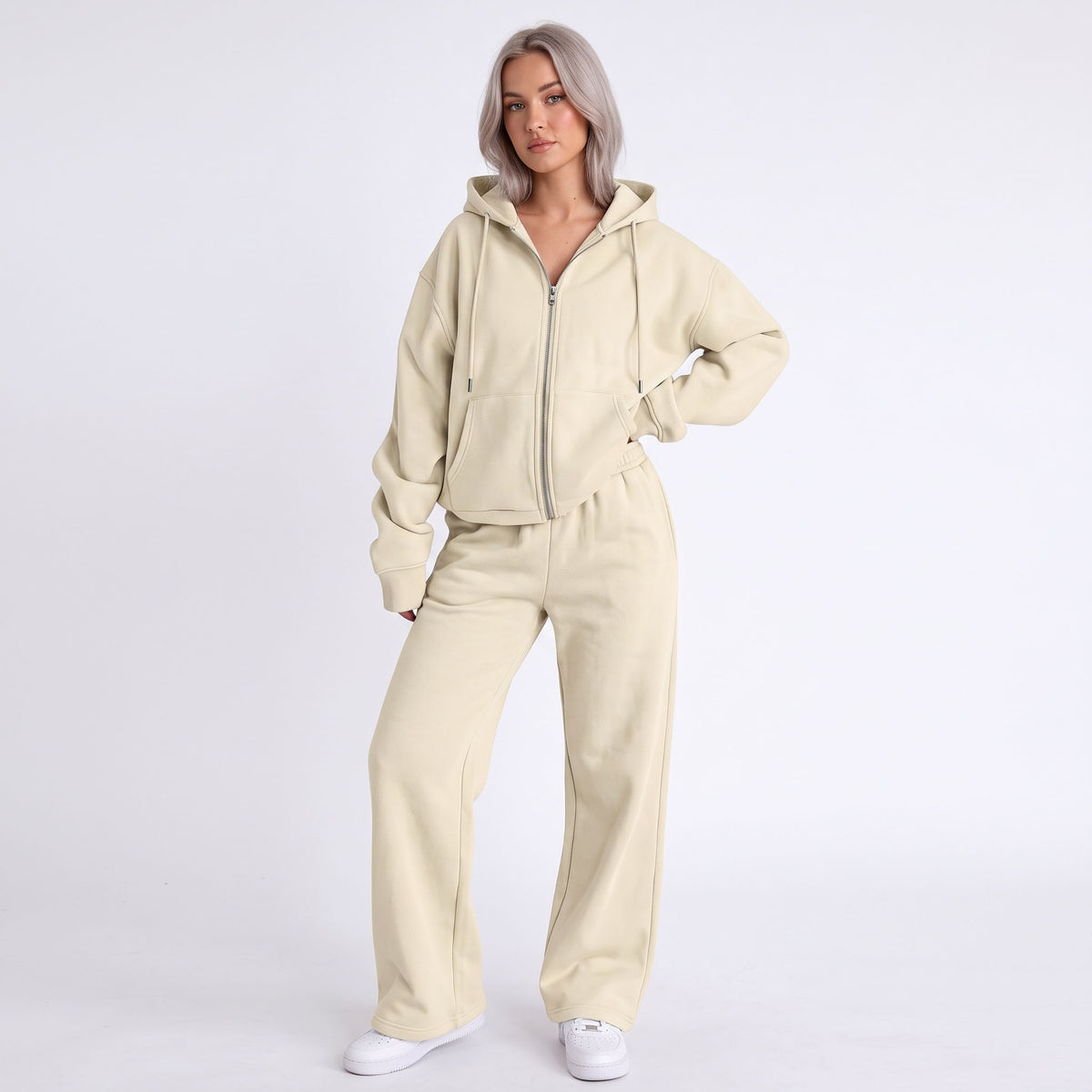Women's 2 Piece Tracksuit, Cropped Zip Up Hoodie and Wide Leg Sweatpants Set with Pockets, Comfy Fall Airport Travel Sweatsuit