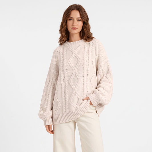 Women's Oversized Cable Knit Sweater, Chunky Crewneck Pullover Tops, Casual Quiet Luxury Winter Holiday Outfits Clothes