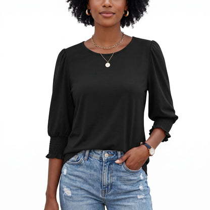 Women's 3/4 Sleeve Blouses, Smocked Cuff Dressy Casual Tops, Crewneck Puff Sleeve Work Office Tunic Shirts