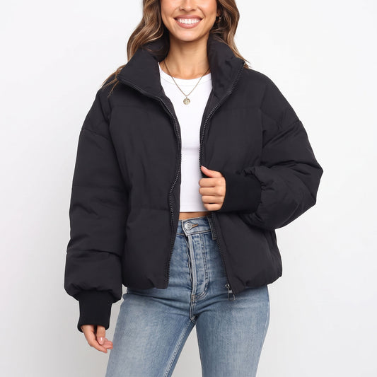 Women's Cropped Puffer Jacket, Stand Collar Full Zip Warm Quilted Coat, Lightweight Winter Padded Bubble Outerwear